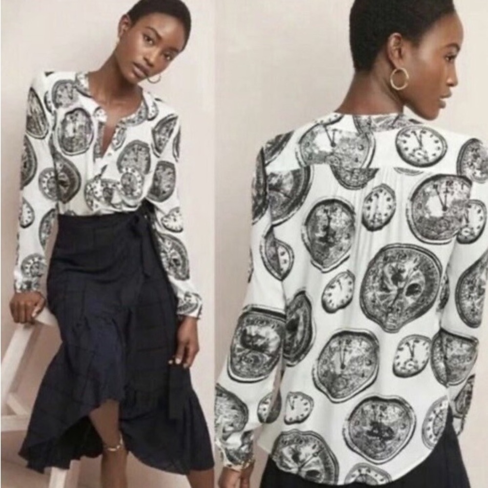 Anthropologie 52 Conversations Black and White Clock Pattern Blouse in Size 2